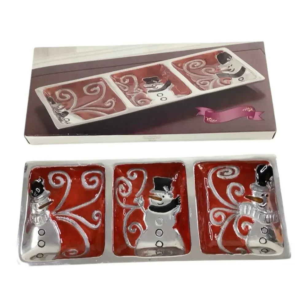 Vintage Belk Snowman 3 Section Metal Serving Plate Dish Christmas Holiday